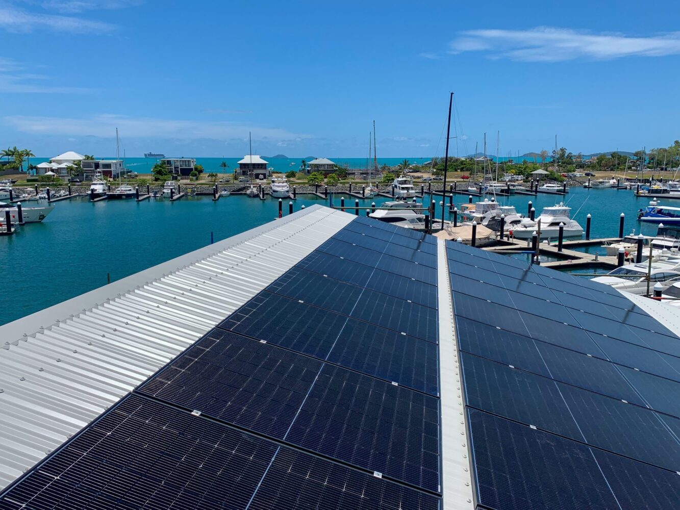 Solar panels on metal roof at the marina